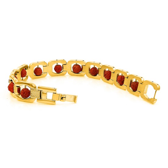 Rudraksh Gold Plated Premium Traditional Bracelet Kada for Men (Rudraksha Design 3 Gold)