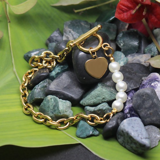 Gold Plated Stainless Steel Chain Bracelet with Pearl