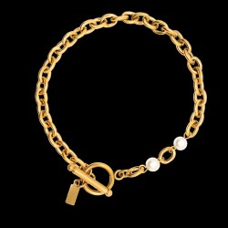 Gold Plated Stainless Steel Chain Bracelet with Pearl